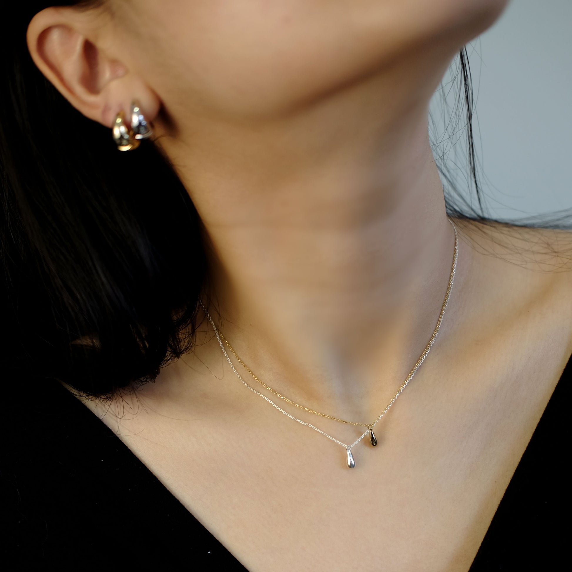 everyday minimal dainty jewelry dalhaejewelry timeless style capsule wardrobe staple minimalist fashion staple fine sterling silver gold vermeil teardrop necklace huggie hoop earrings