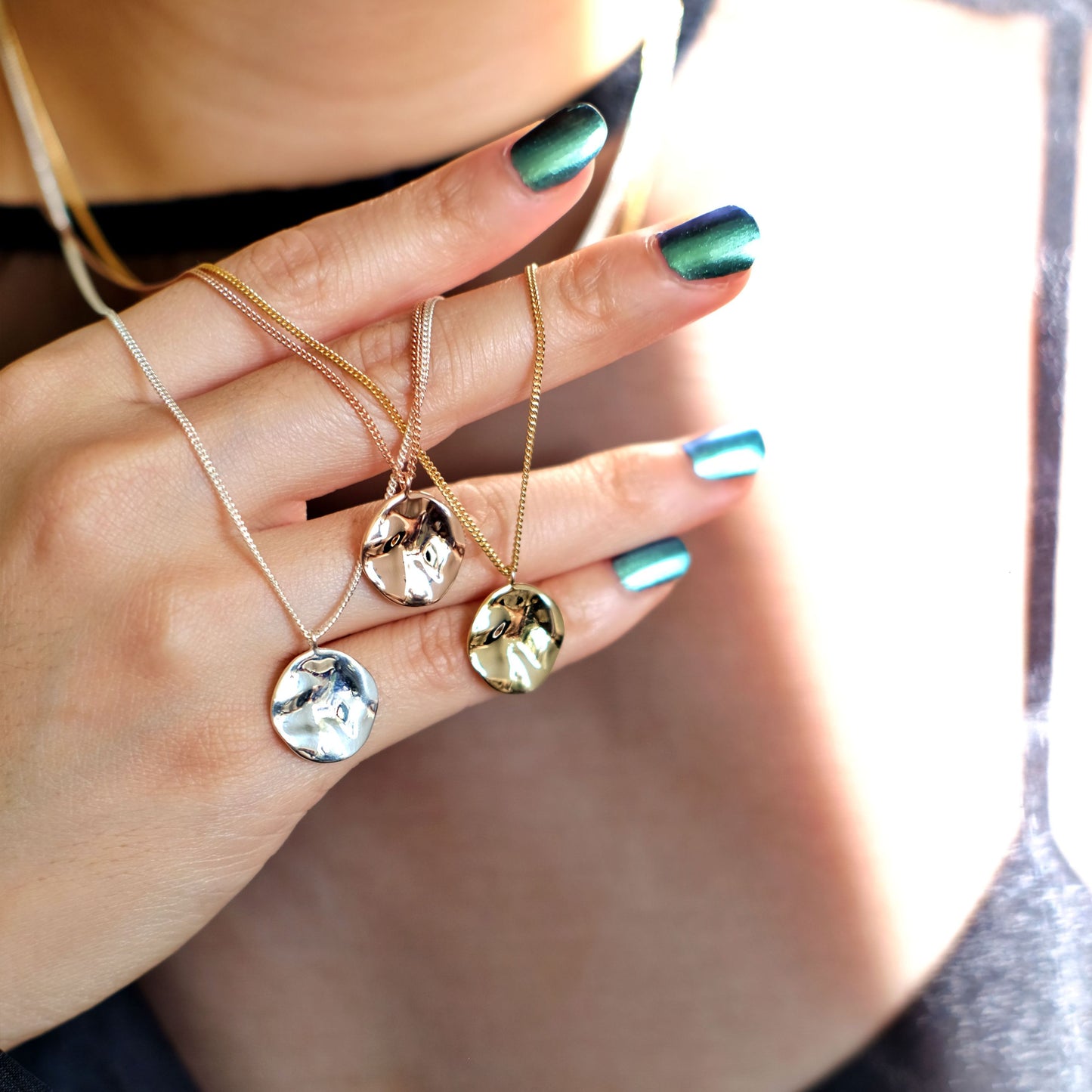 everyday minimal dainty jewelry gold vermeil dalhaejewelry timeless style capsule wardrobe staple minimalist fashion staple pendant necklace hammered moon smooth polish rosegold gold vermeil sterling silver