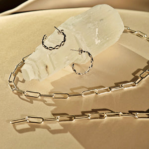 everyday link chain necklace bracelet hoop earrings sterling silver set