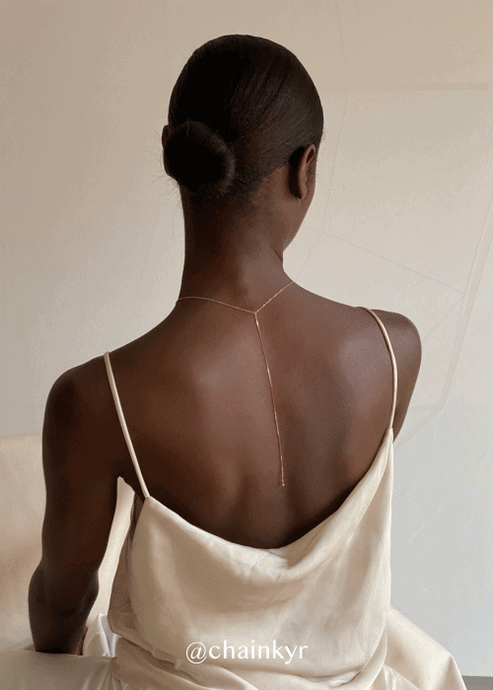 the one lariat long necklace @chainkyr timeless style capsule wardrobe dalhae jewelry minimal everyday dainty necklace rosegold silk slip dress ball drop necklace